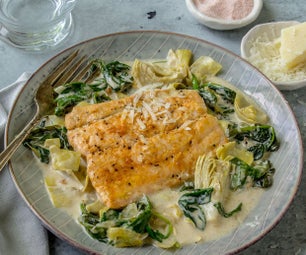 One Pan Creamy Spinach and Artichoke Salmon